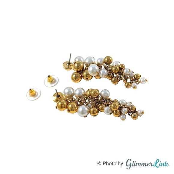 Vintage Two Tone Faux Pearl Grapevine Cluster Dangle Gold Tone Pierced Earrings - Picture 6 of 7